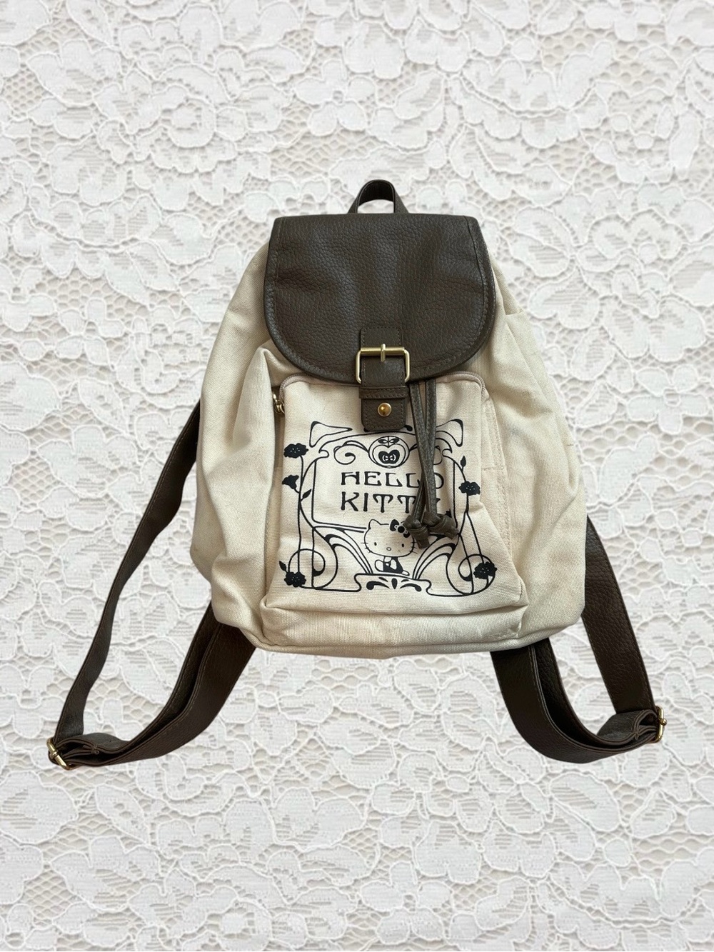 rare vintage y2k hello kitty cream drawstring mini backpack with brown straps
